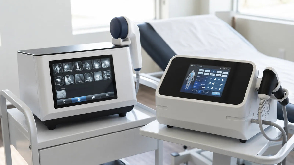 WaveCura radial and focused shockwave therapy applicators side by side in a modern sports medicine clinic