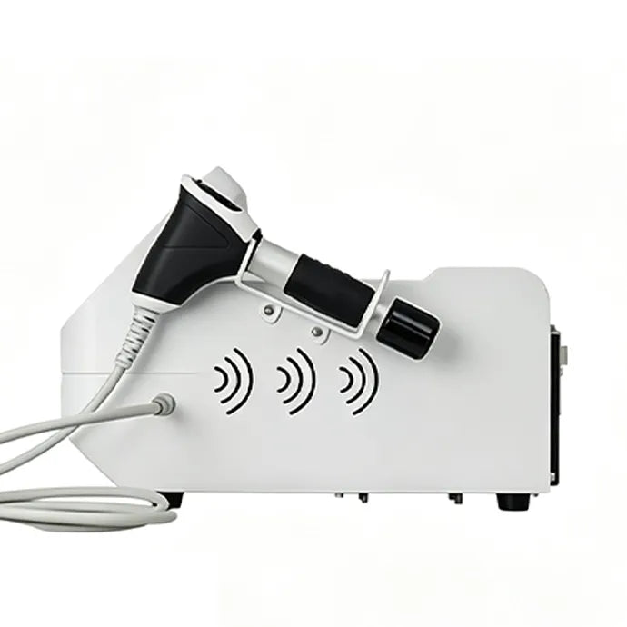 Side view of radial shockwave therapy device with handpiece holder